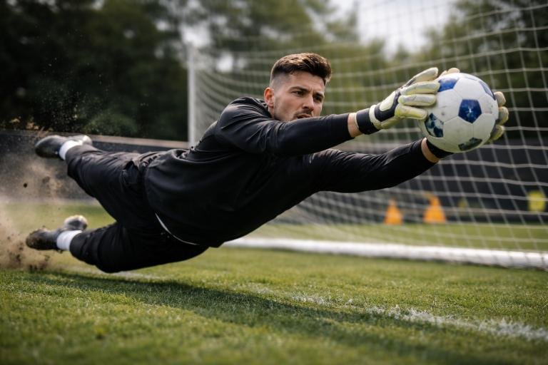 Goalkeeper diving full stretch to save a soccer ball during training