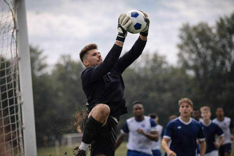 Goalkeeper leaps to catch soccer ball