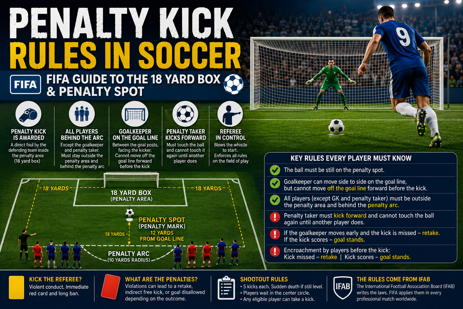 Penalty kick rules in soccer FIFA guide showing 18 yard box