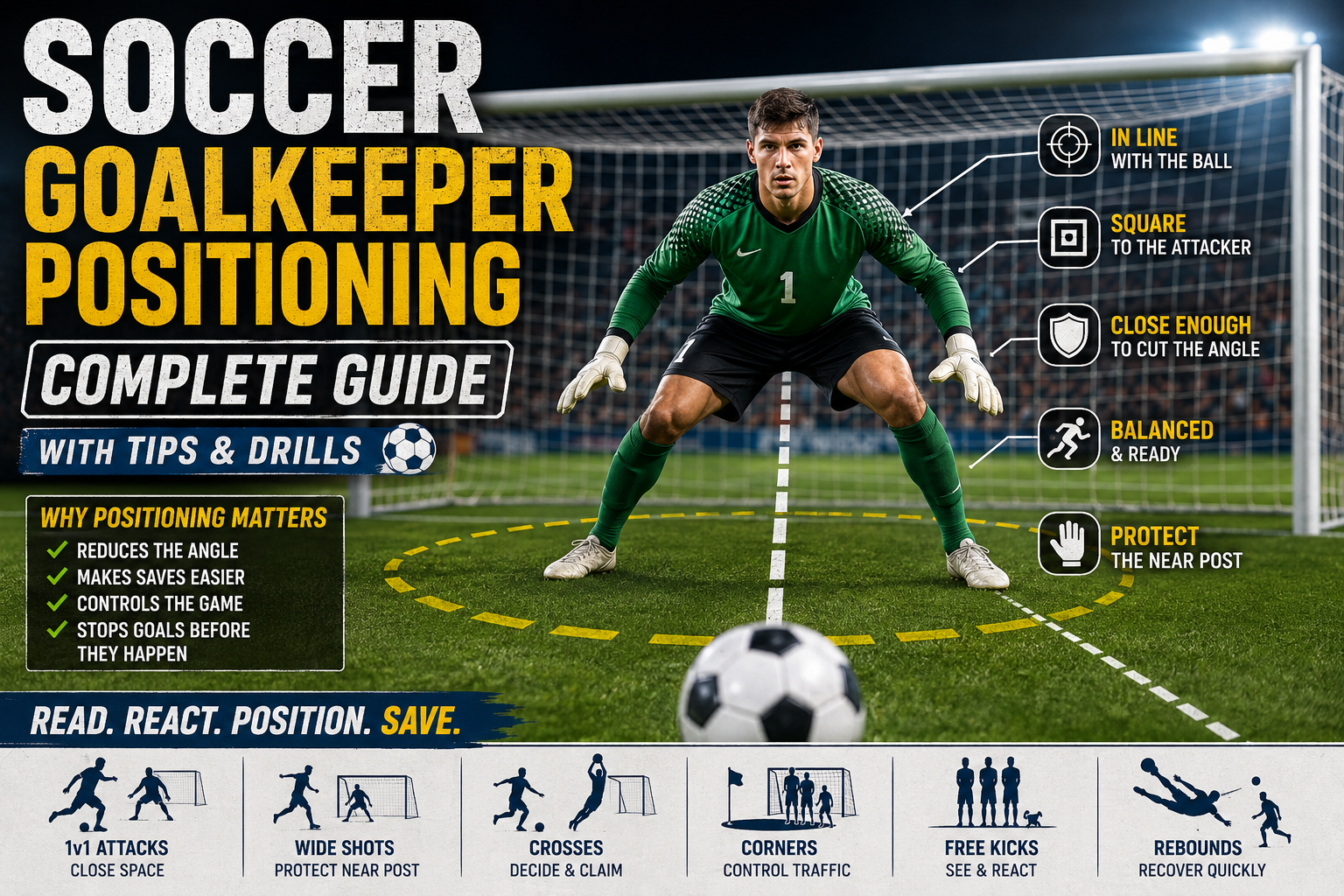 Soccer goalkeeper positioning guide showing keeper stance, angles, and tips for saves